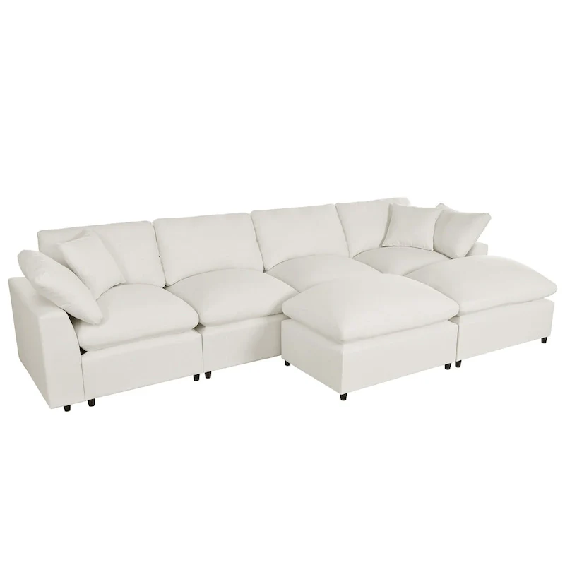 Beige 134.40 Modern U-Shaped 6 Seater Sectional Sofa with 2 Large Chaises, Removable Ottomans and Soft Cushions