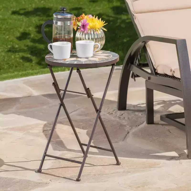 GDFStudio Eden Outdoor Stone Mosaic Folding Side Table, Beige/Black