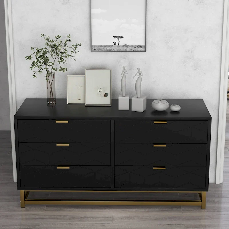 6-Drawer Dresser with Gold Metal Legs - White Wood