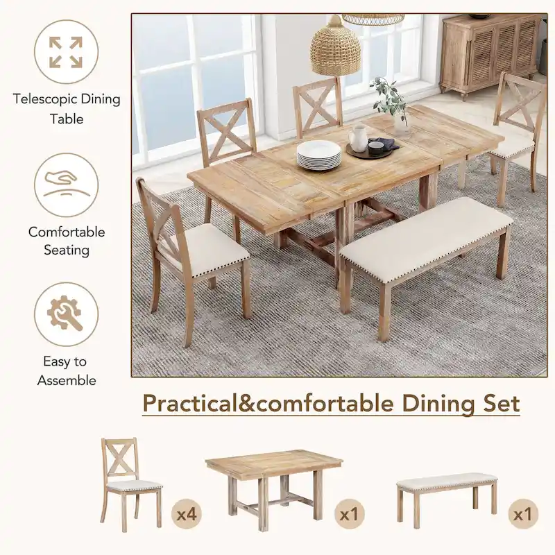 6-Piece Dining Table with Footrest, 4 Chairs and Dining Bench, Two 11 Removable Leaf
