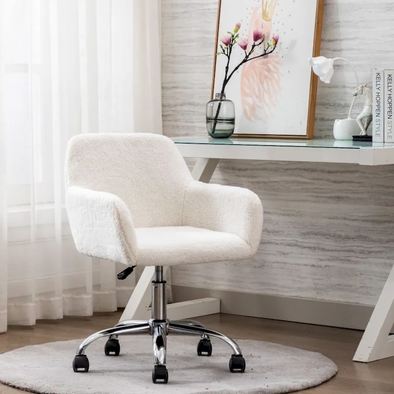 White Faux Fur High-Back Swivel Task Chair – Adjustable Height, Single Use