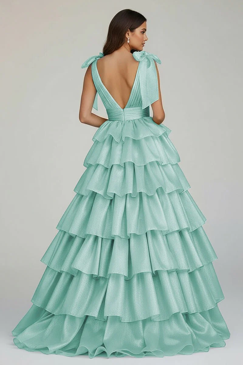 Glitter Tie Straps Pink Plunging Neck Tiered Long Prom Dress