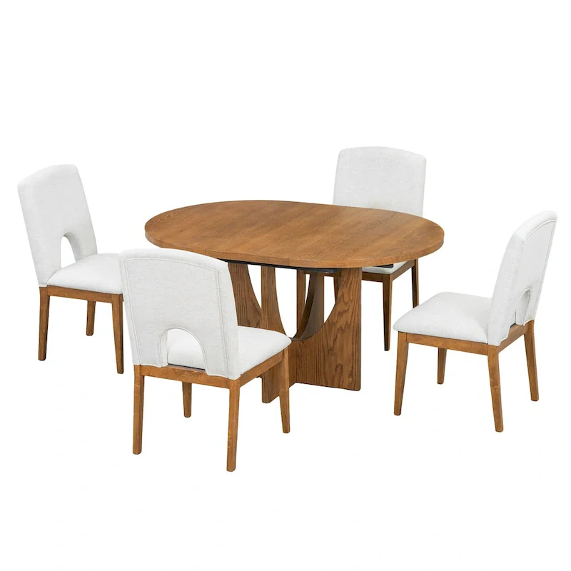 Modern Style 5-Piece Extendable Round Dining Table Set with Removable Leaf and Upholstered Dining Chairs
