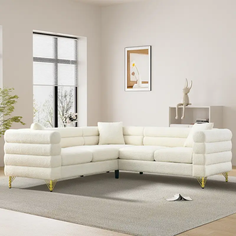 Teddy Fabric Modern Sectional Sofa Sets L-Shape/2/3/4 Seater Sofa Couch with Pillows