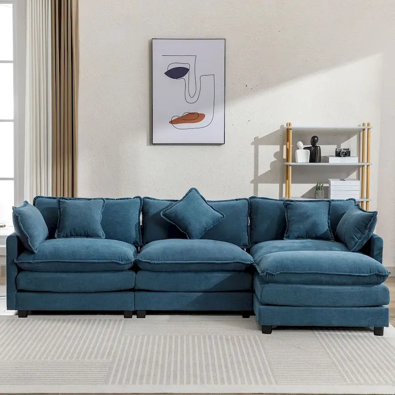 Blue / Gray / Black / Beige L-Shaped Chenille Sofa with Ottoman & 5 Pillows – Seats 2+