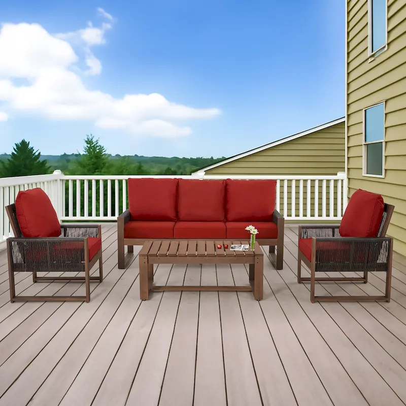 Outdoor 4-Piece Sofa Set with Coffee Table, PE Wicker & Cedar Wood Patio Furniture, Garden Conversation Set with Thick Cushions