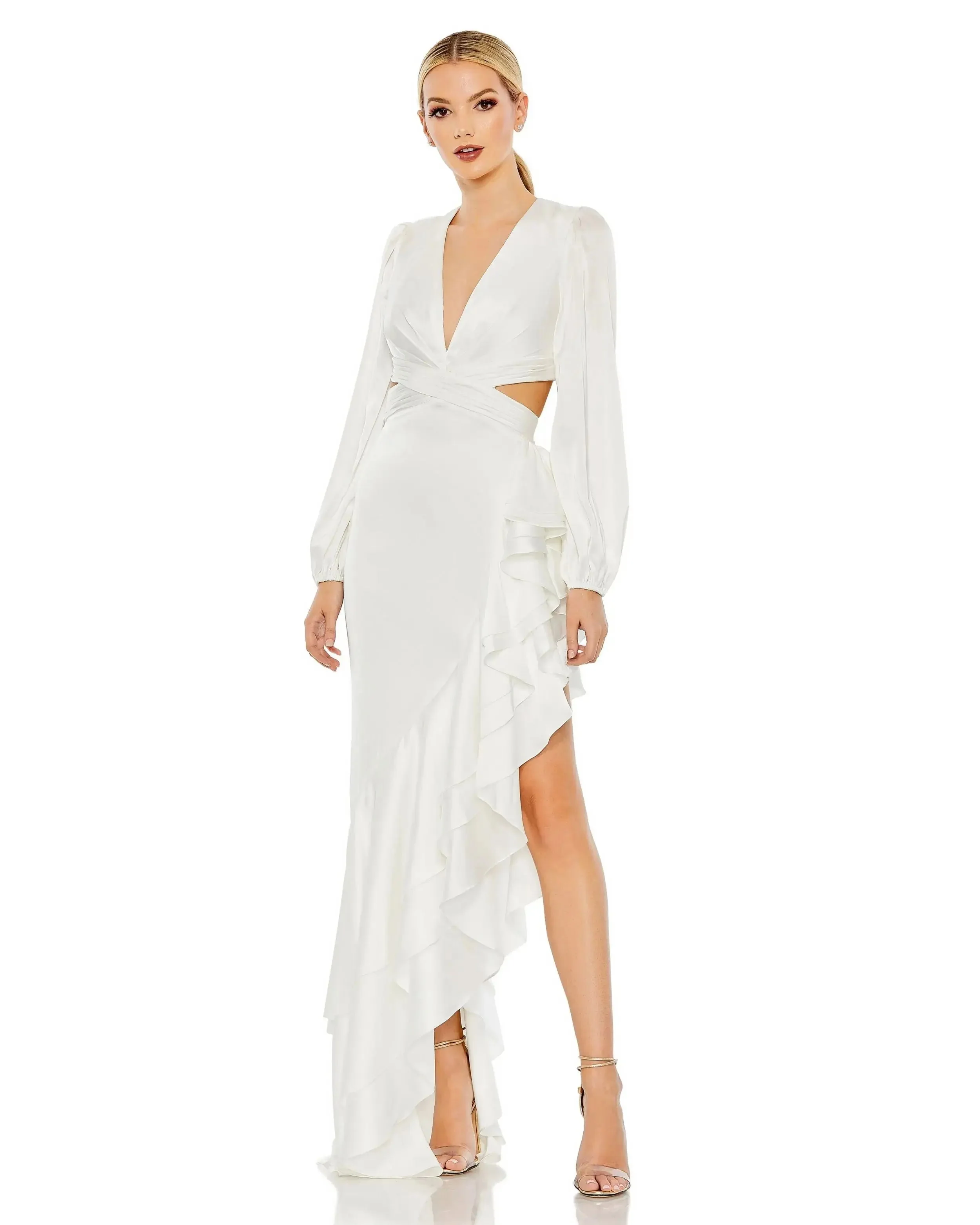 White Cut Out Asymmetrical Ruffled Gown
