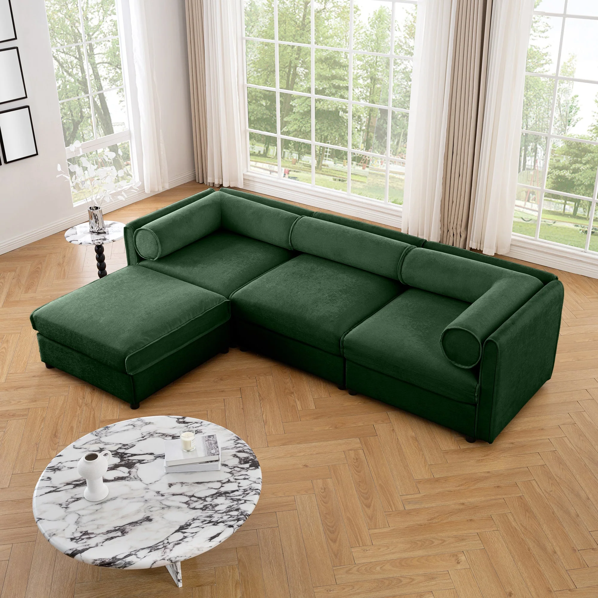 Walker Edison | Elegant L-Shaped Green Chenille Sofa with Storage Seat and Ottoman