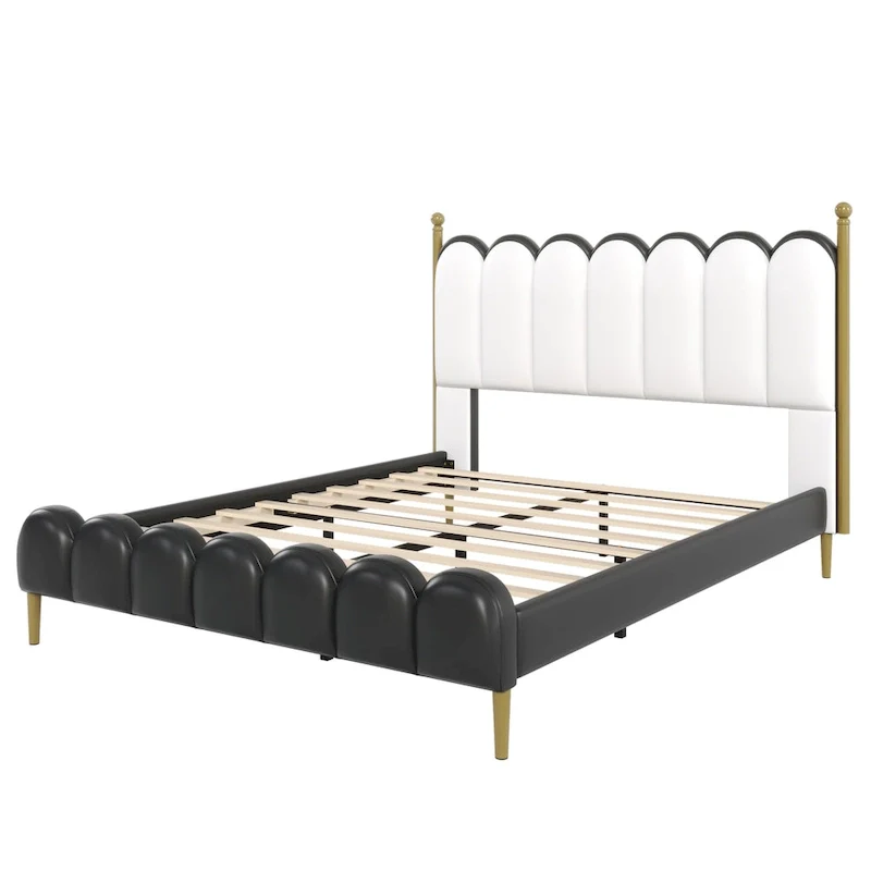 Leather Upholstered Bed with Headboard & Footboard, Solid Wood Slats & Legs