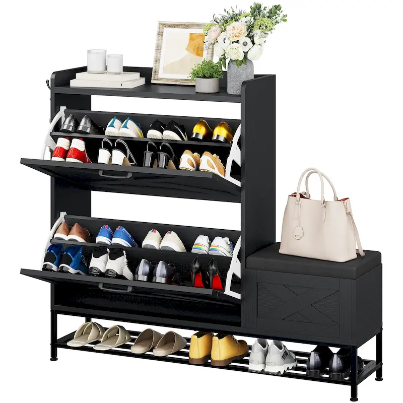Farmhouse Shoe Storage Cabinet with Shoe Bench Entryway Shoe Storage with 2 Flip Drawers for 16 Pairs - 9.4W  x 47.1 L x 41.3 H