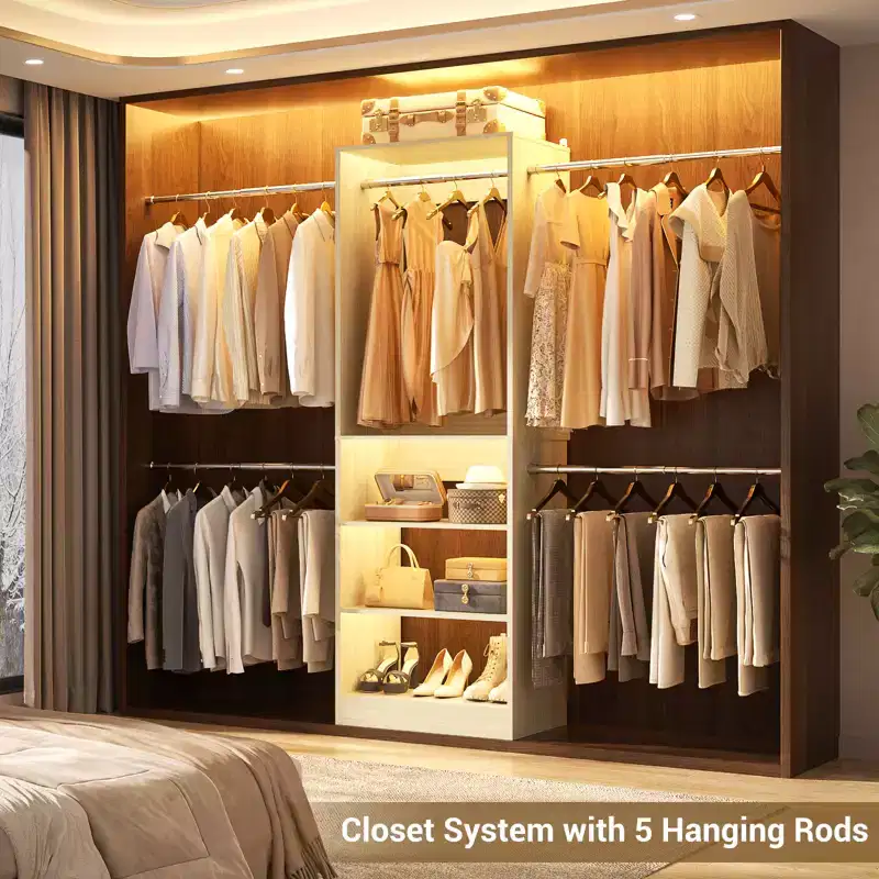 Besiost 5-10FT Closet System with 5 Hanging Rods and Shelves, Expandable Closet Organizer for Bedroom