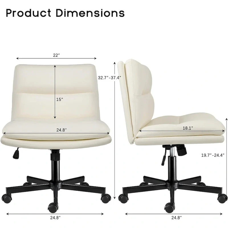 Cross Chair with Wheels,PU Leather Armless Cross Legged Office chair, Adjustable Wide Seat Task Vanity Chair