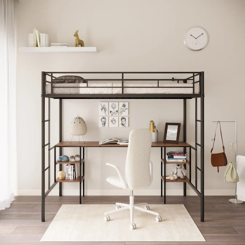 Twin Size Metal Loft Bed with Table, Shelves, and Guardrail