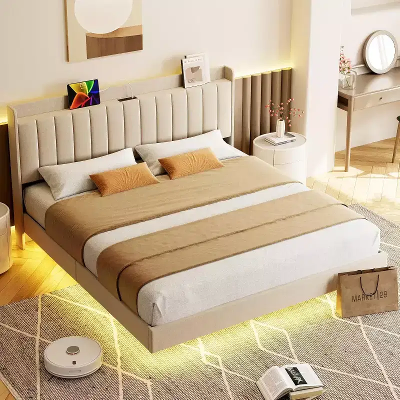 DobleePy Floating Bed Frame with Storage Headboard, LED Lights, USB Charging Station, Solid Wood Slats, Beige, Noise-Free, Easy Assembly