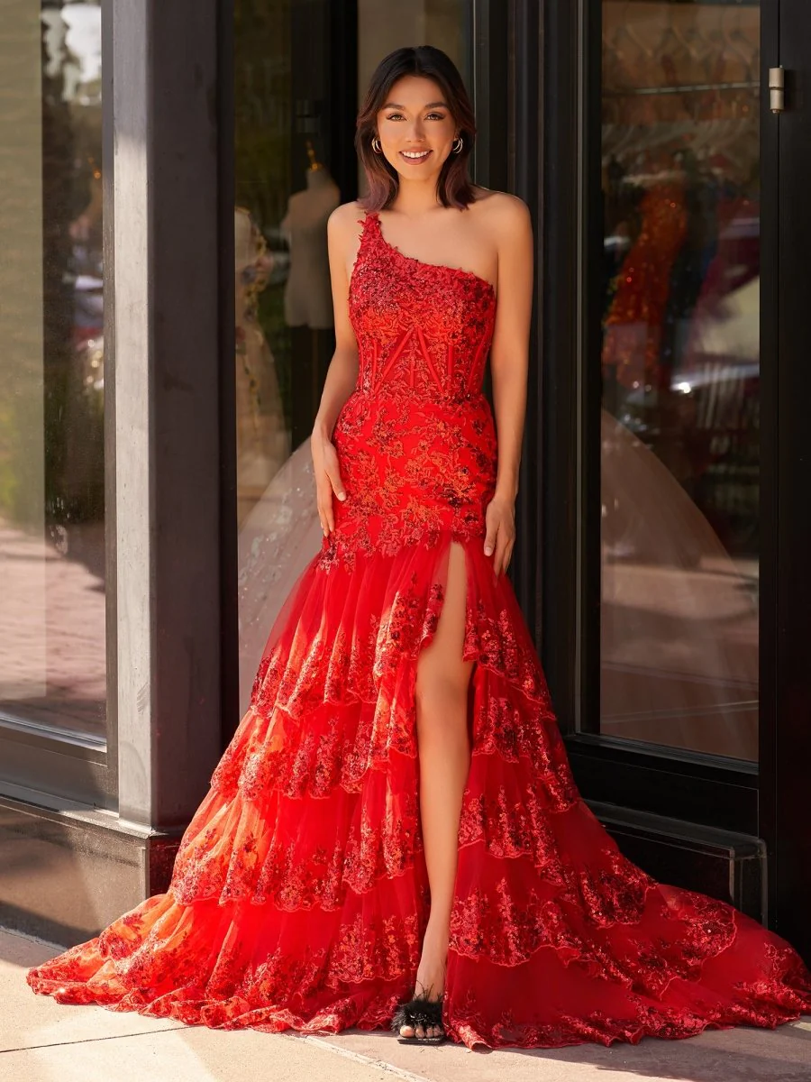 Sheath One Shoulder Tiered Lace Long Prom Dress