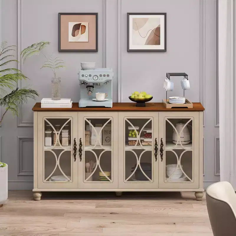 Sideboard Buffet Cabinet, 4-Door Curio Cabinet with Tempered Glass, 3-Height Adjustable Shelves, Floor Standing Display Cabinet for Home