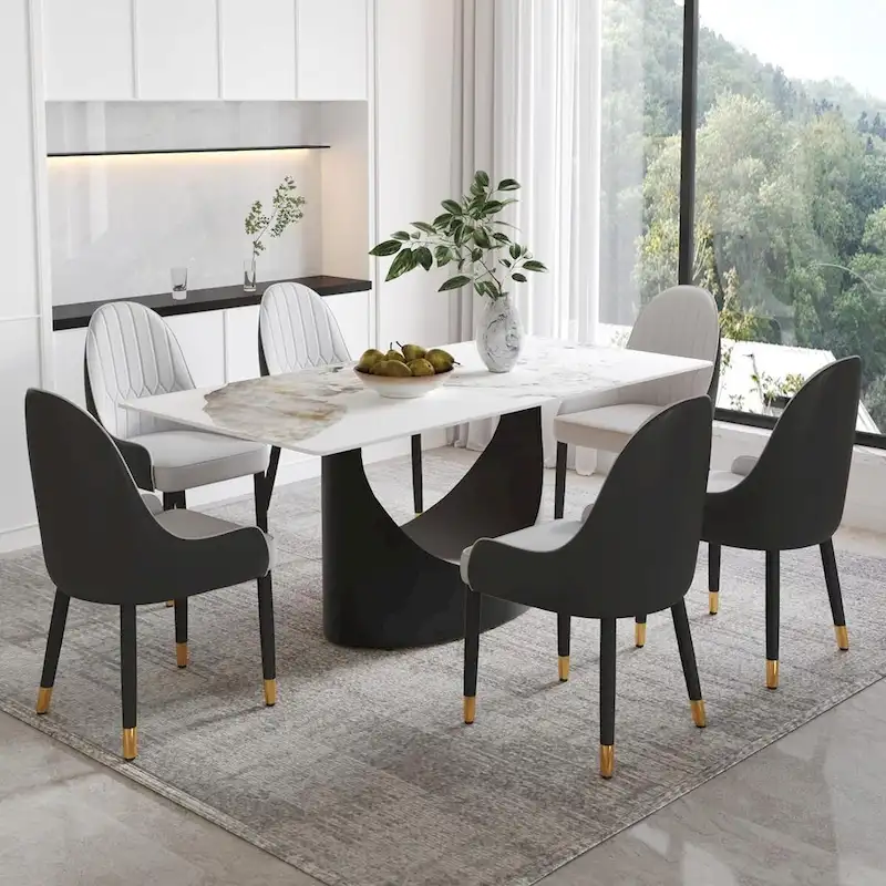 71  Black Marble Sintered Stone Table Top,Rectangle Dining Room Table with Unique U-Shape Black Carbon Steel Pedestal