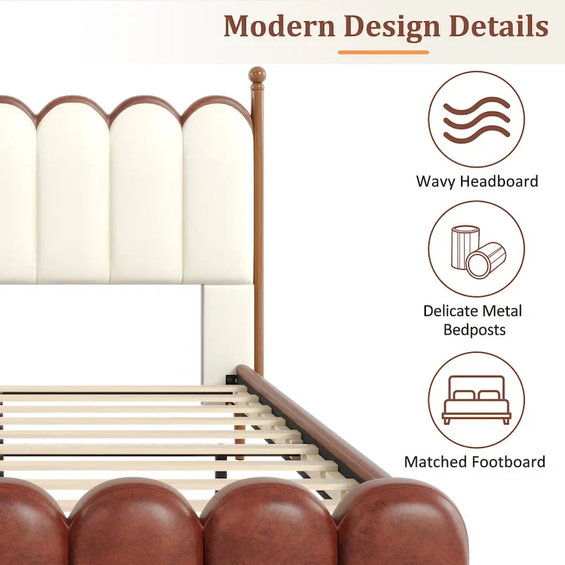 Leather Upholstered Bed with Headboard & Footboard, Solid Wood Slats & Legs