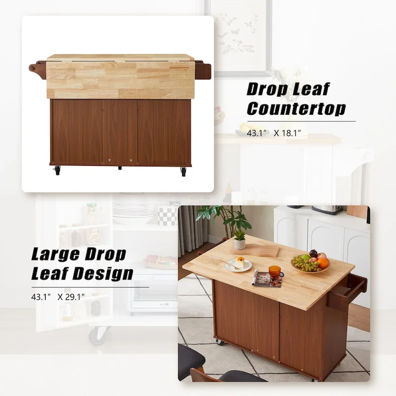Kitchen Island with Drop Leaf Countertop and Rolling Cart