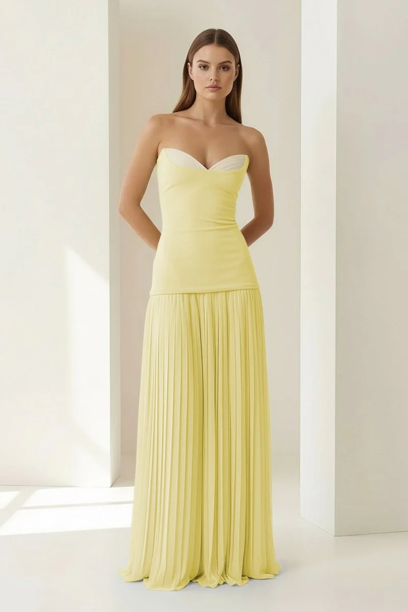 Blue Strapless Sheath Chiffon Pleated Long Prom Dresses