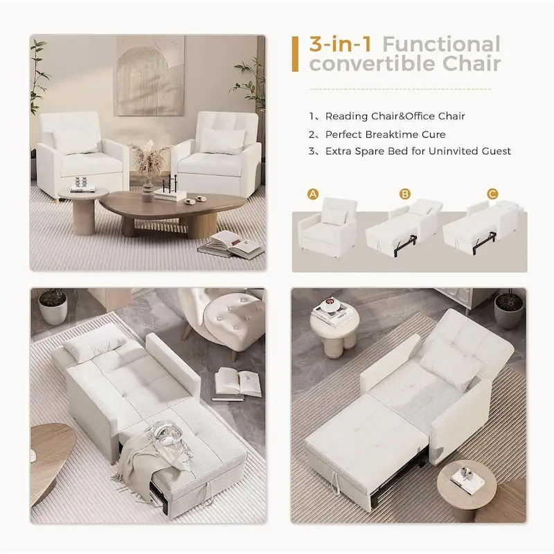 AECOJOY 3 in 1 Sleeper Sofa Chair w/ Pillow &Convertible Backrest