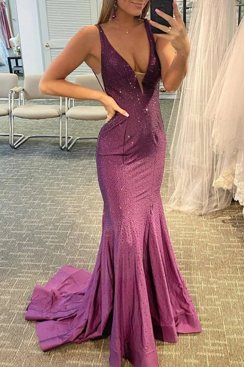 Mermaid V-neck Beaded Mermaid Prom Dress