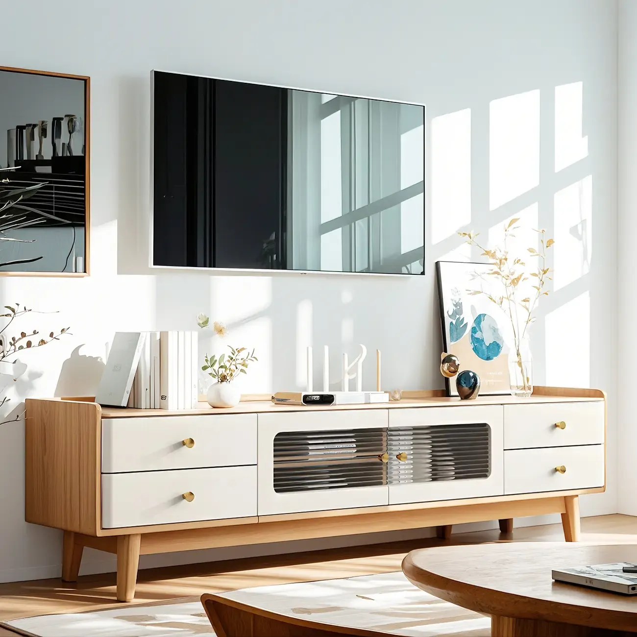 63 Contemporary White Wood Cabinet TV Stand with Glass Doors