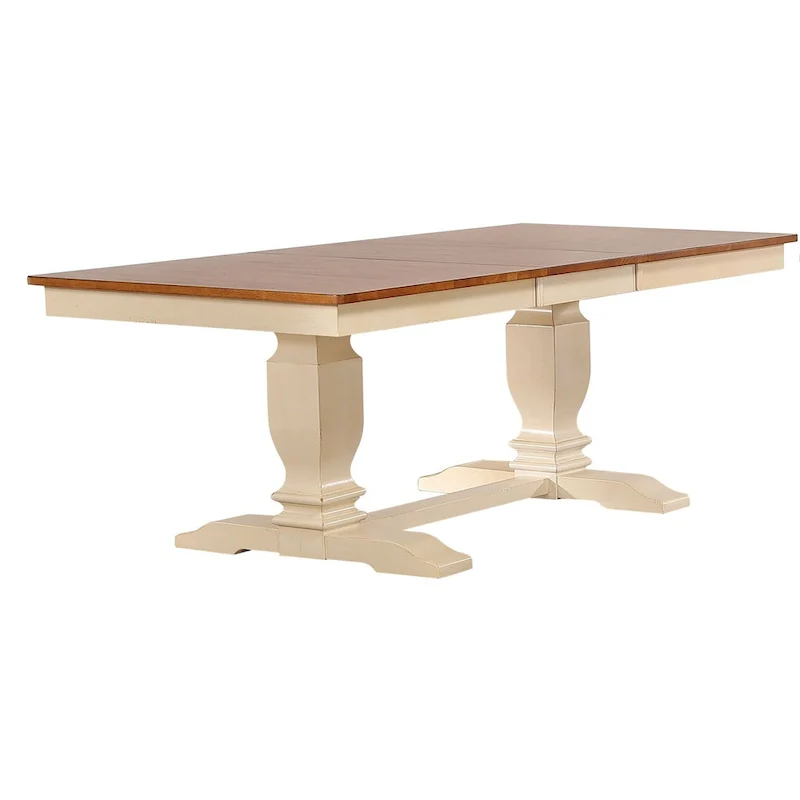Double Pedestal Transitional Antiqued Caramel/Biscotti Napoleon Back Dining Table with 6 Chairs