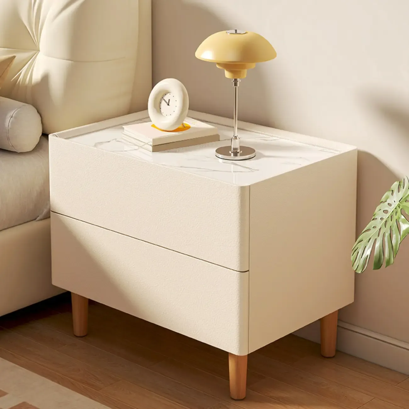 Modern White Sintered Stone Top Leather Drawers Nightstand