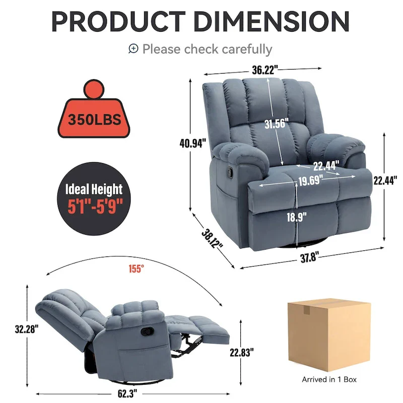 Lazy Boy Swivel Rocker Fabric Recliner Chair, Overstuffed Large Manual Recliner Glider with Pillow Top Arms and Cushion Back