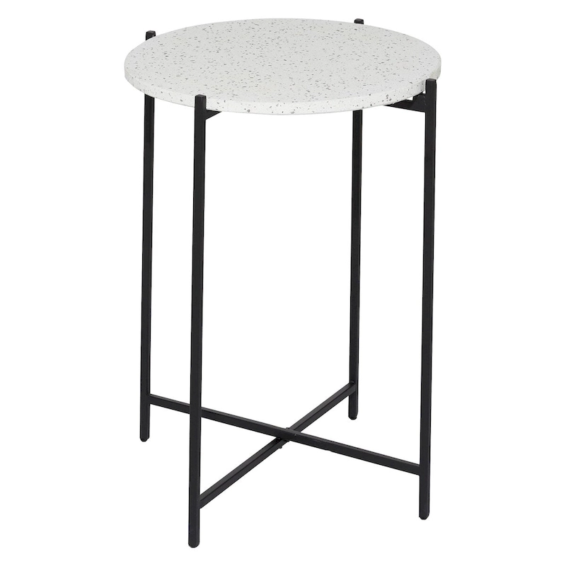 Terrazzo Stone Side End Accent Table with Black Metal X-Stand - White - Roche River Decor
