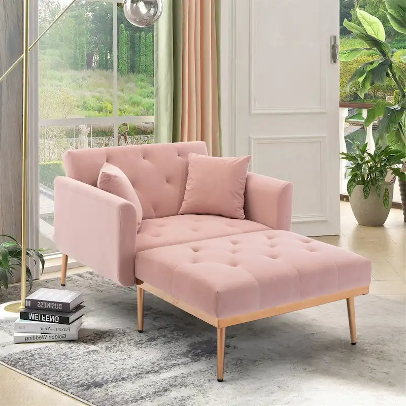 Chaise Lounge Chair Indoor,2 in 1 Velvet Convertible Sleeper Chair w/Ottoman,Lounge Chair w/Adjustable Reclining Backrest