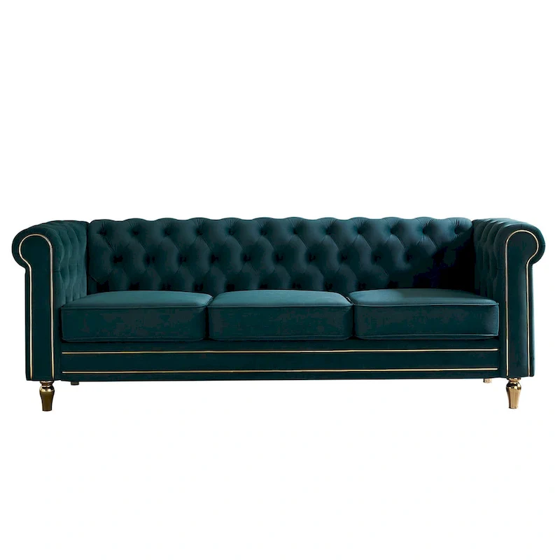 Green / Pink Velvet Chesterfield Sofa with Gold Trim & Button Tufting – 2-Seat