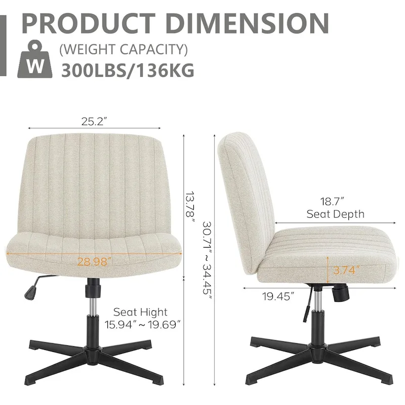 Criss Cross Legged Office, Wide Comfty Desk, Wheels Armless Computer Task, Swivel Vanity Home Chair, Height Adjustable