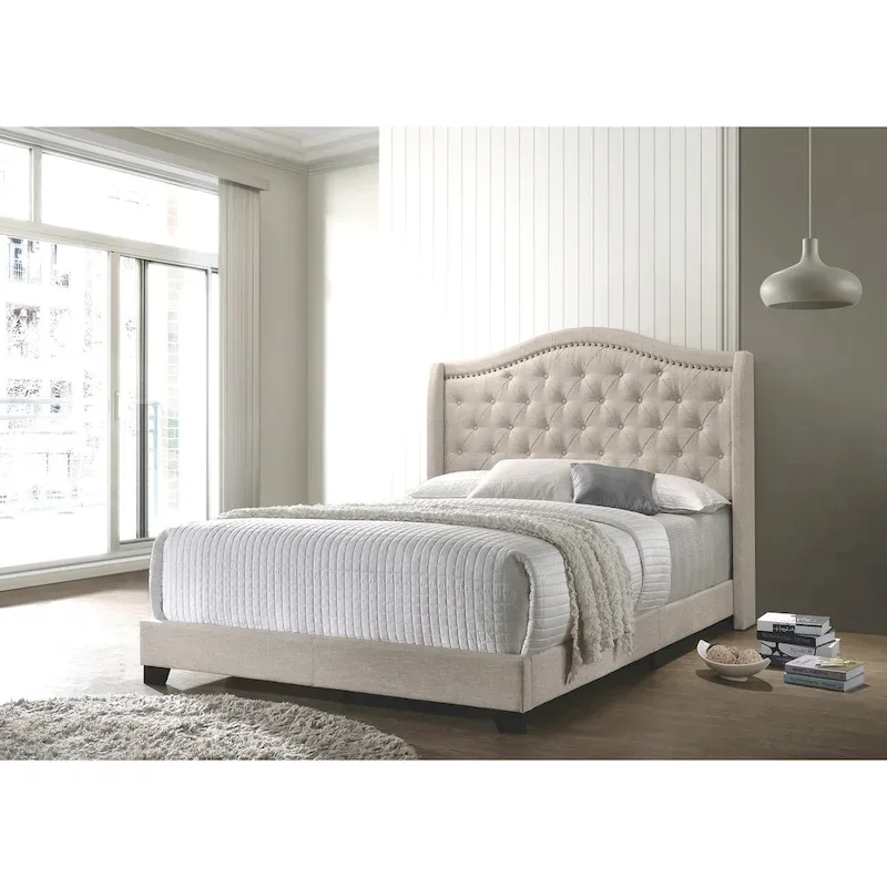 Modern Elegant Demi-Wing Design Button Tufted Beige Upholstered Bed