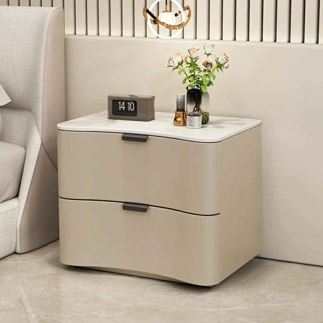 Modern Waved Stone Top Leather 2-Drawer Nightstand