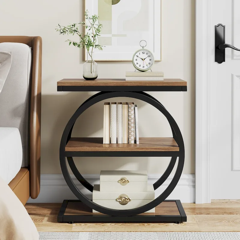Industrial 3-Shelf Narrow End Table – Brown / Grey / Oak / Yellow