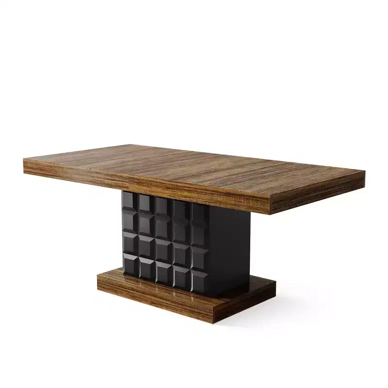 MAYEERTY 63 Modern Geometric Dining Table, Brown MDF Top Cubed Black Base Kitchen Table