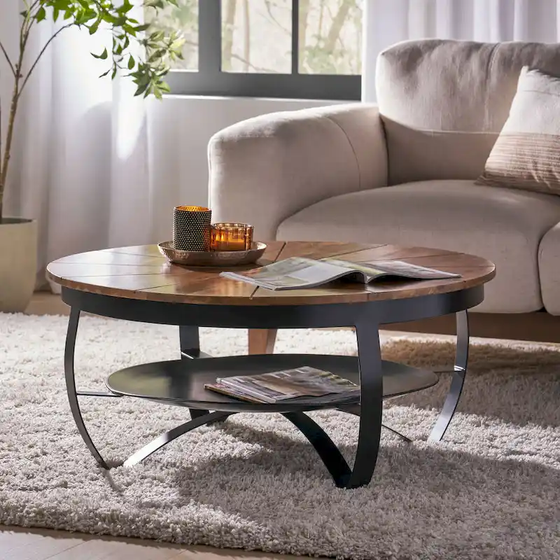 Natural + Black Round Coffee Table, Boho Industrial Style, Seats 1–4