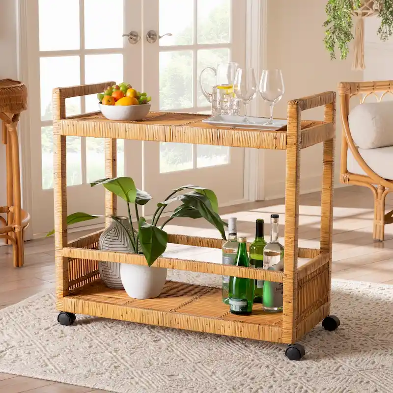 Genet Modern Bohemian Natural Brown Rattan and Teak Wood 2-Tier Kitchen Cart