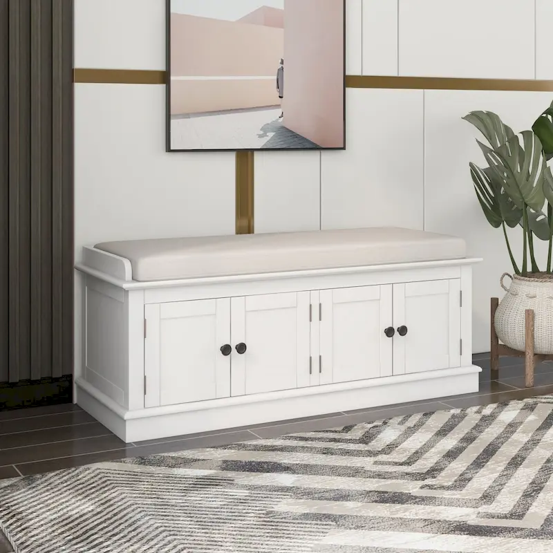 Storage Bench with 4 Doors, Adjustable Shelves and Removable Cushion