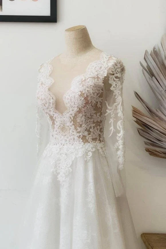 A-Line Illusion Crew Neck White Lace Wedding Dress