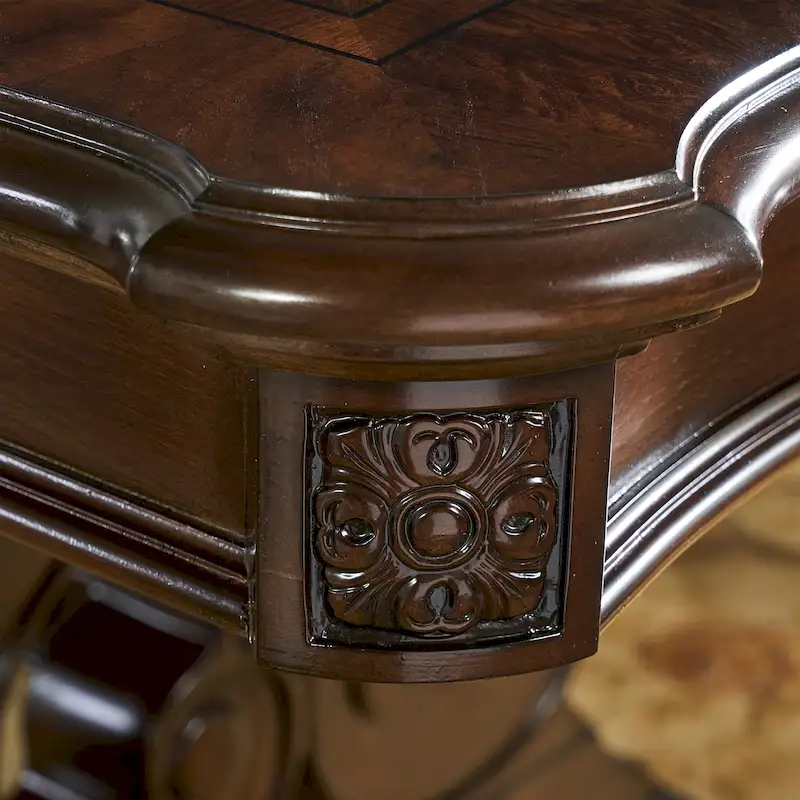 Traditional Hardwood Dining with Double Pedestal Table & Carved Chairs – Pecan, Seats up to 10