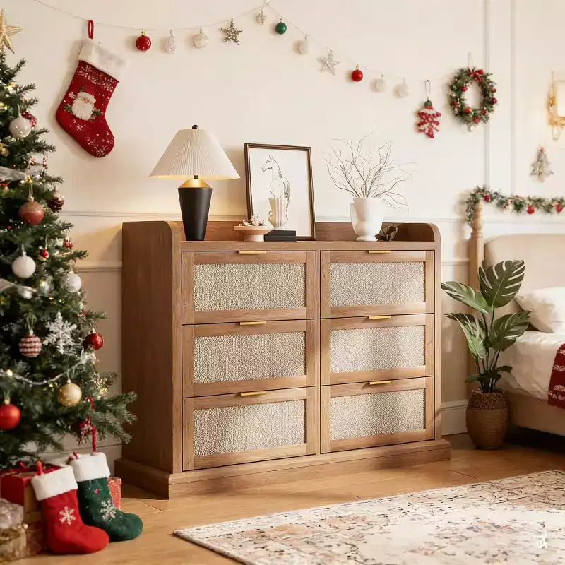 6 Drawer Dresser for Bedroom,Rattan Chest of Dressers,Boho Chest of Drawers,Wooden Dresser Chest,Beside Table for Living Room/Closet/Bedroom