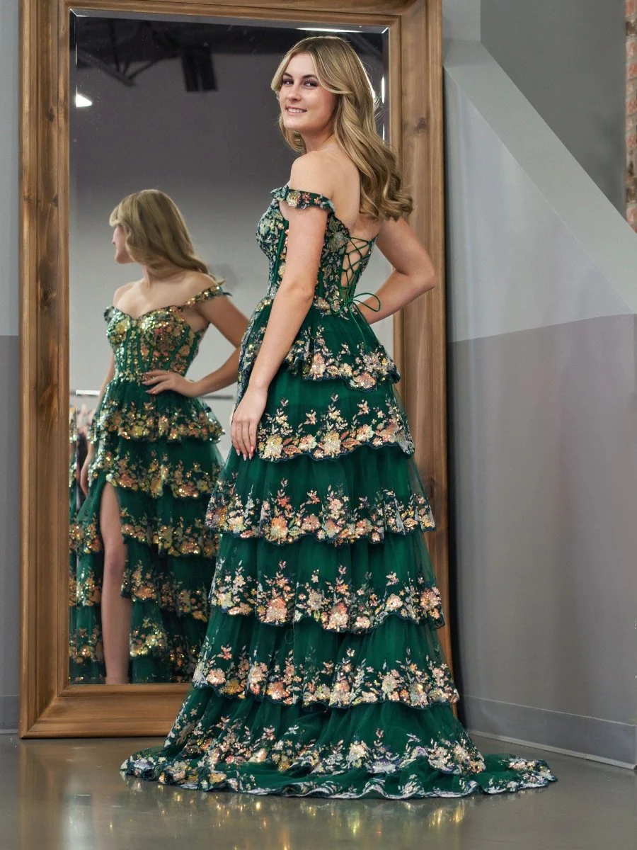 A-Line Lace Off-the-Shoulder Tiered Long Prom Dress with Slit