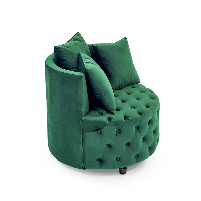Living Room Velvet Swivel Chair with Button Tufted Design, 3 Pillows & Movable Wheels