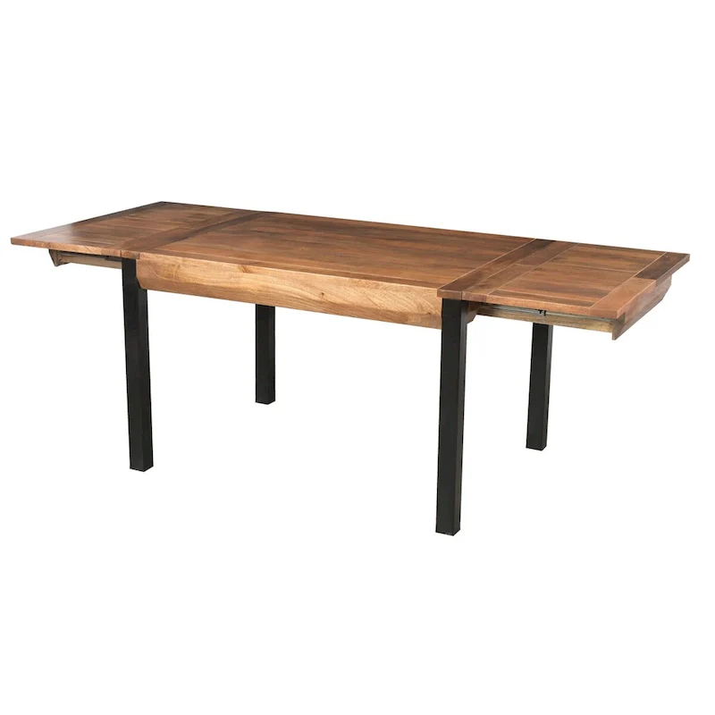 Extendable Rectangular Dining Table with Mango Wood Top and Black Iron Legs