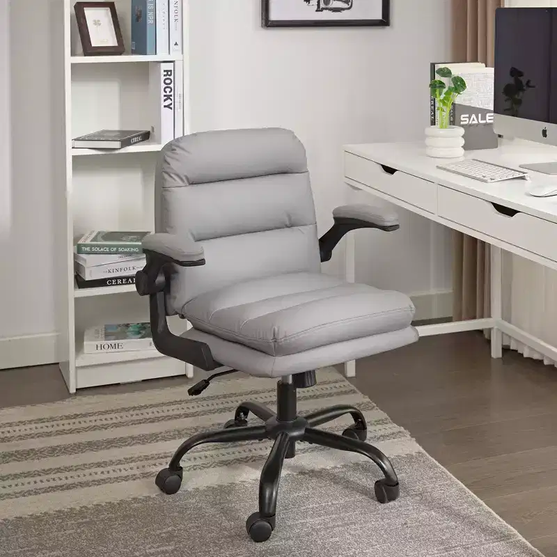 VECELO High Back Desk Chair PU Office Chair Upholstered Padding Swivel Computer Task Chair With Flip-Up Arms and Adjustable Height White/Gray