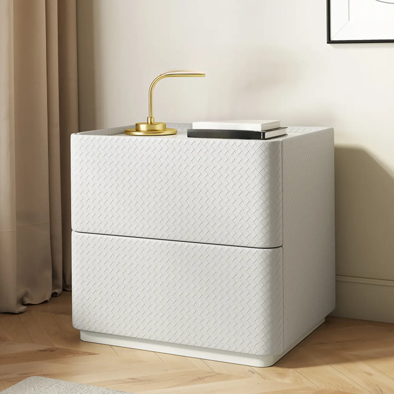 Minimalist Grid Pattern 2 Layer Wooden Nightstand for Bedroom