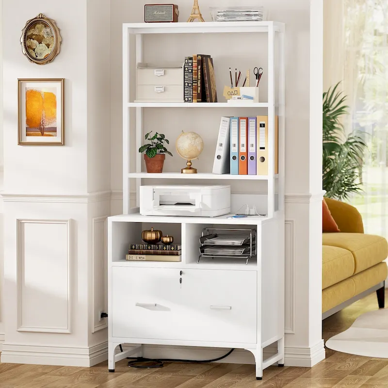 File Cabinet with Charging Station, Vertical Filing Cabinet with Lock & Large Drawer